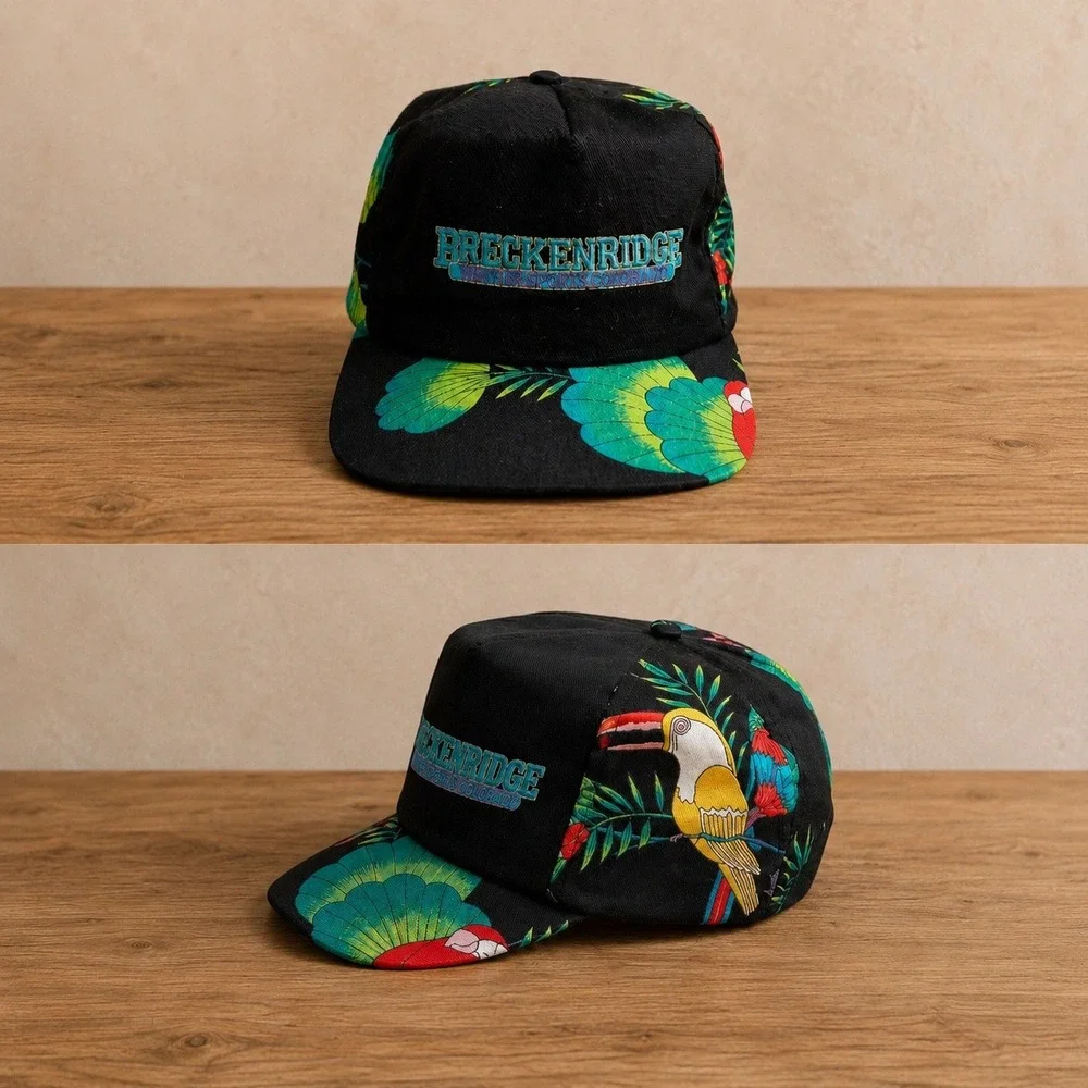 Vintage Breckenridge Colorado Hat Mens Black Tropical Parrot Floral USA